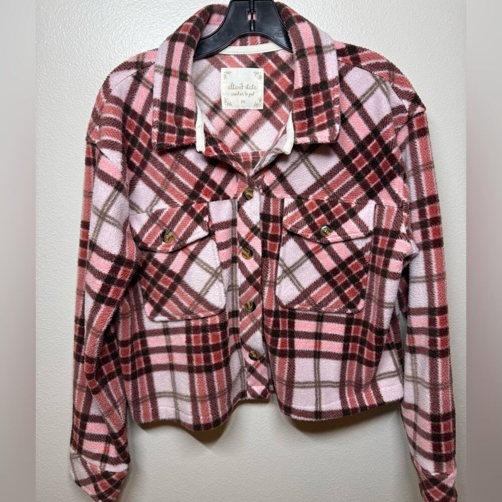 Altar’d State Button Down Cropped Fleece Comfy Jacket Pink White Women’s Medium
